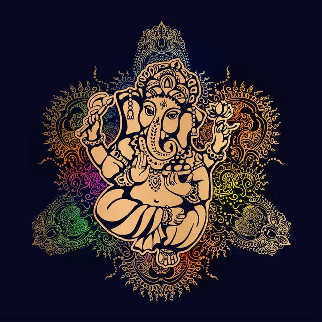 Der Chakra-Kurs – Audiokurs zur Chakrenarbeit von Andreas Ziörjen 4 Goldene Ganesha Statue mit farbigen Mandalas auf dunklem Hintergrund