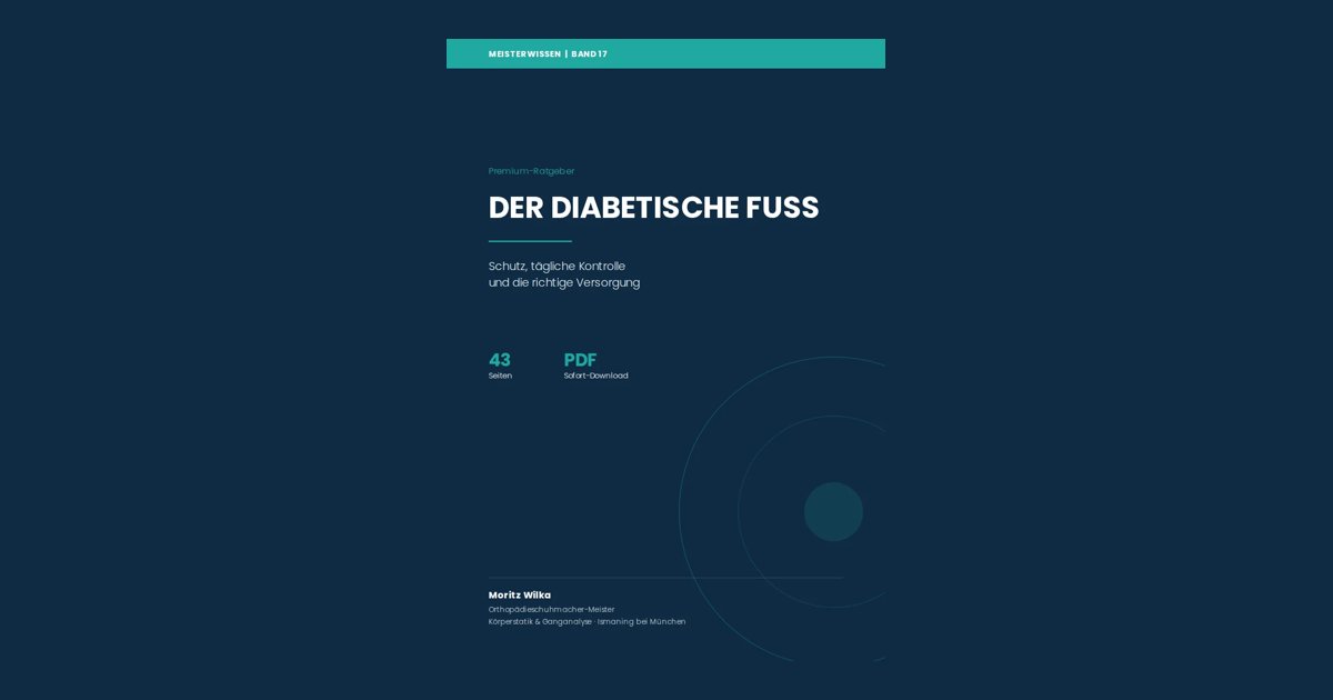 Hero-Grafik zum PDF-Ratgeber Der diabetische Fuß mit dunkelblauem Hintergrund, türkisem Banner und abstrakten Kreiselementen