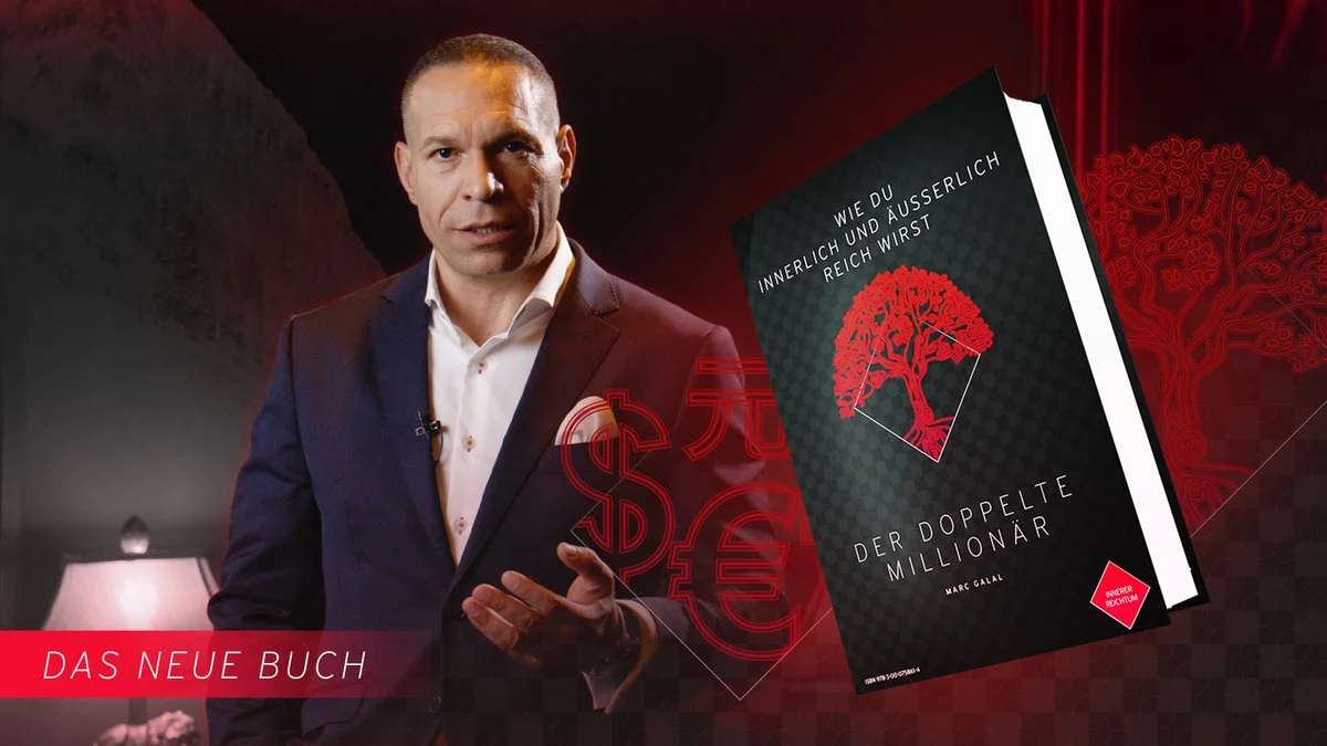 Marc Galal vor rotem Hintergrund zeigt Das neue Buch Der doppelte Millionär mit Buchtitel