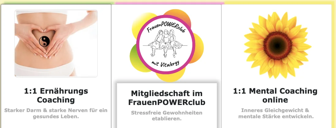 Drei Angebote nebeneinander: Ernährungs-Coaching mit Bauch-Symbol, FrauenPOWERclub Logo, Mental-Coaching mit Sonnenblume