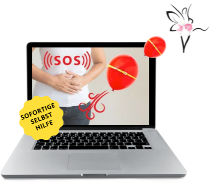 Laptop-Mockup mit Frau, die Bauch hält, SOS-Symbol und rotem Ballon mit Maßstab, gelbes Schild mit Text Sofortige Hilfe