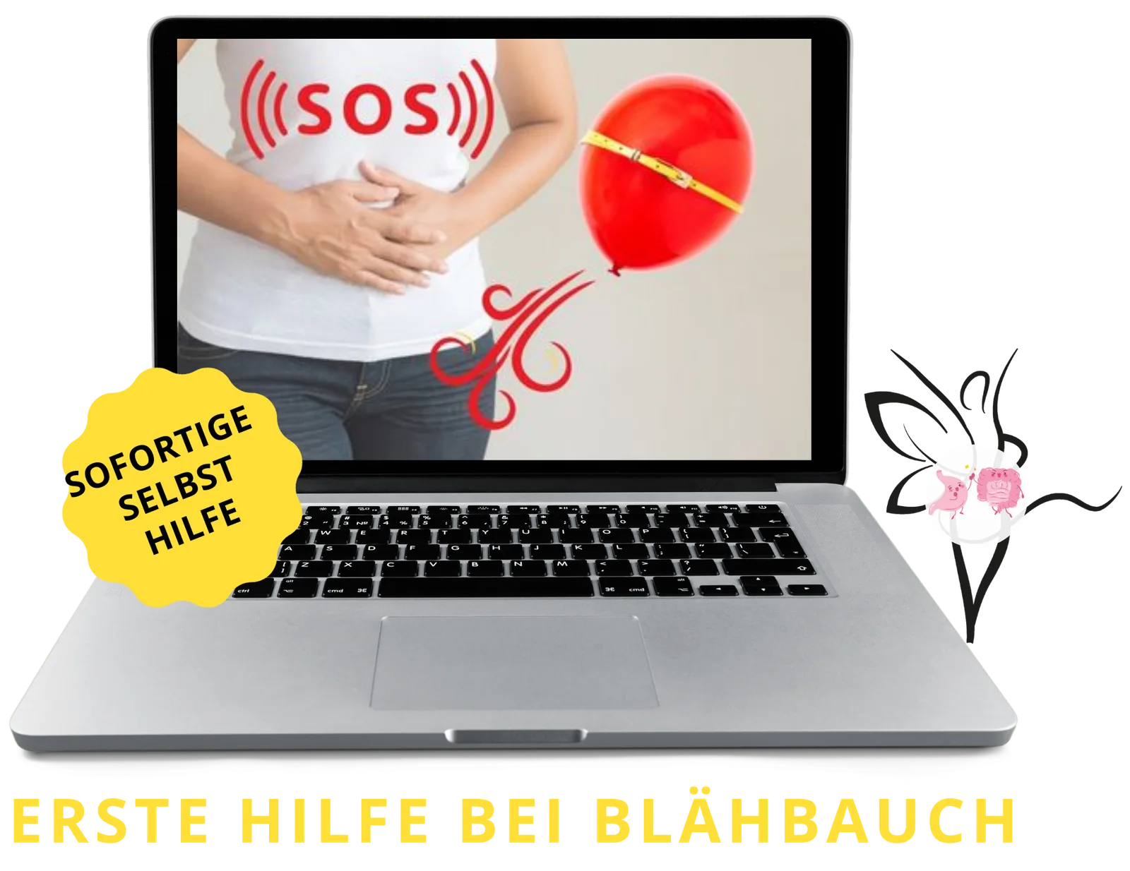Laptop-Mockup mit Frau in weißem Shirt, Hand auf Bauch, SOS-Symbol, roter Ballon mit Maßstab, gelbes Schild Sofortige Selbsth