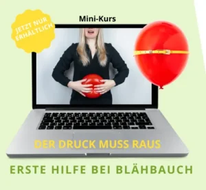 Laptop-Mockup mit Frau in schwarzem Blazer, Hand auf Bauch, roter Ballon mit Maßstab, gelbes Schild Jetzt erhältlich, Mini-Ku