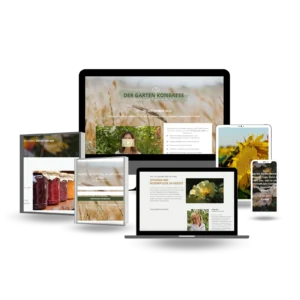 Mockup von Der Gartenkongress auf verschiedenen Geräten – Desktop, Tablet und Smartphone zeigen die Kurswebsite mit Herbst-Th