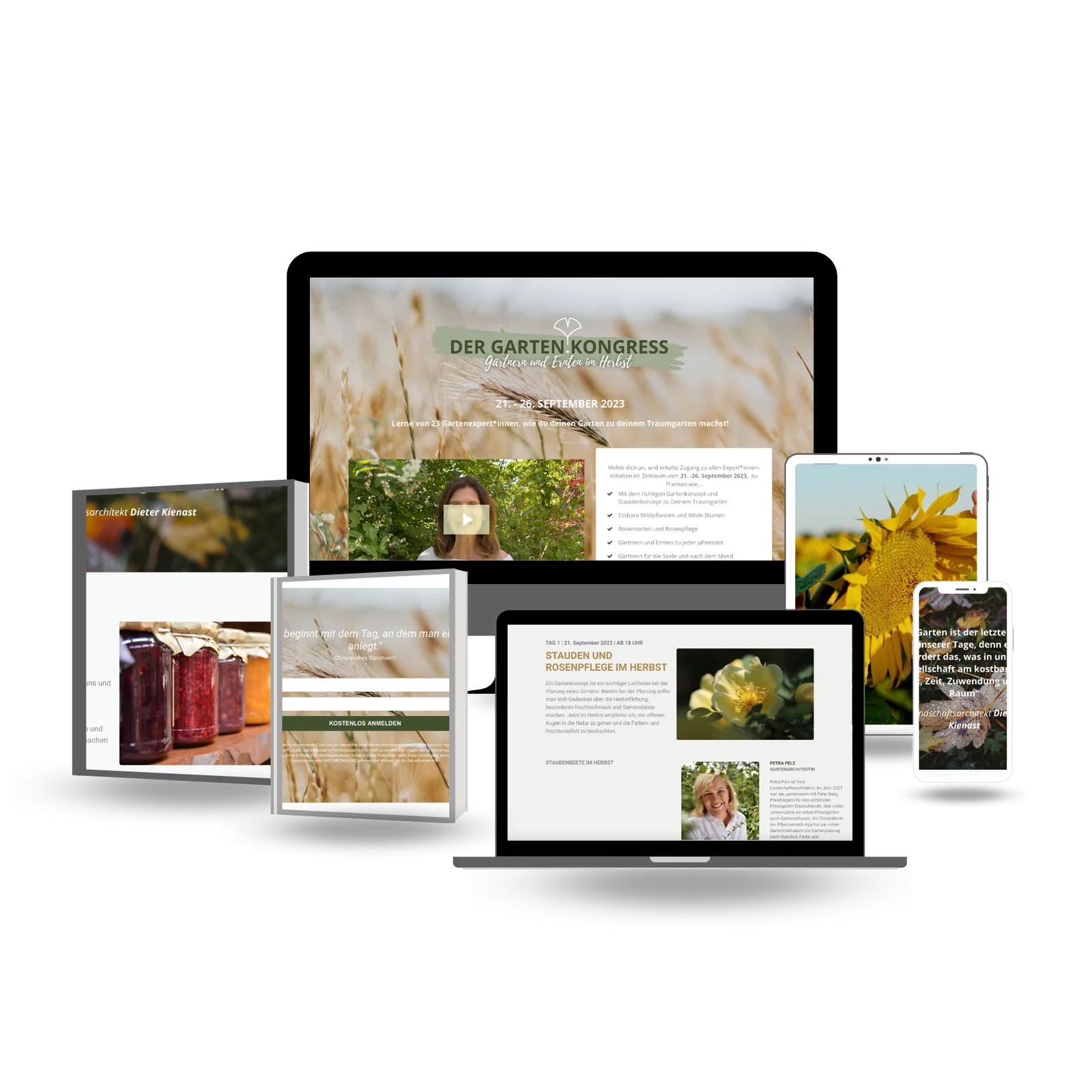 Der Gartenkongress – Gärtnern und Ernten im Herbst 1 Mockup von Der Gartenkongress auf verschiedenen Geräten – Desktop, Tablet und Smartphone zeigen die Kurswebsite mit Herbst-Th