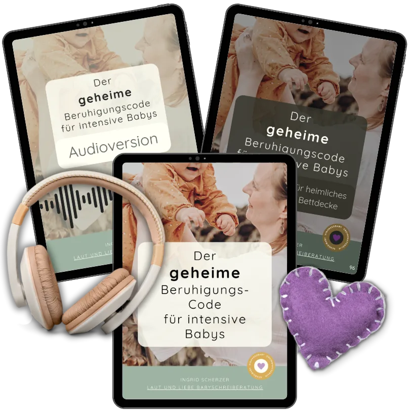 CopeCart-Mockup mit drei Tablets und Smartphone, Kopfhörer und lila Herz, zeigt Audioversion und Bundle des Beruhigungscodes