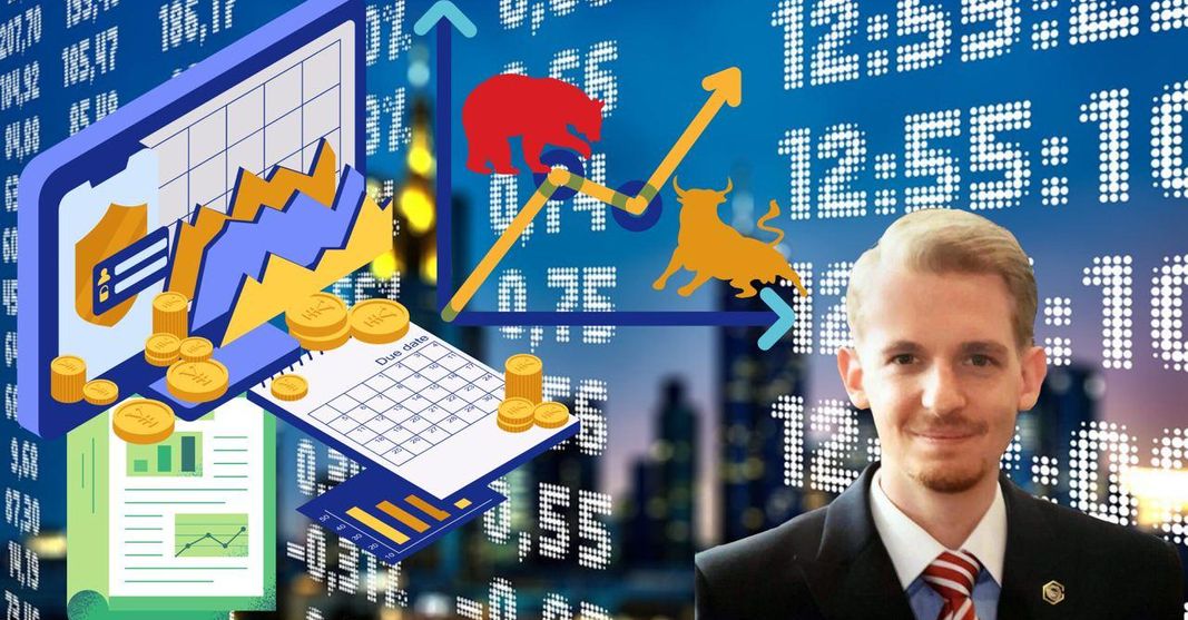 Hero-Grafik zum Kurs Aktien & ETFs mit Börsen-Symbolen, Diagrammen, Münzen und Portrait von Christoph Neuwirth
