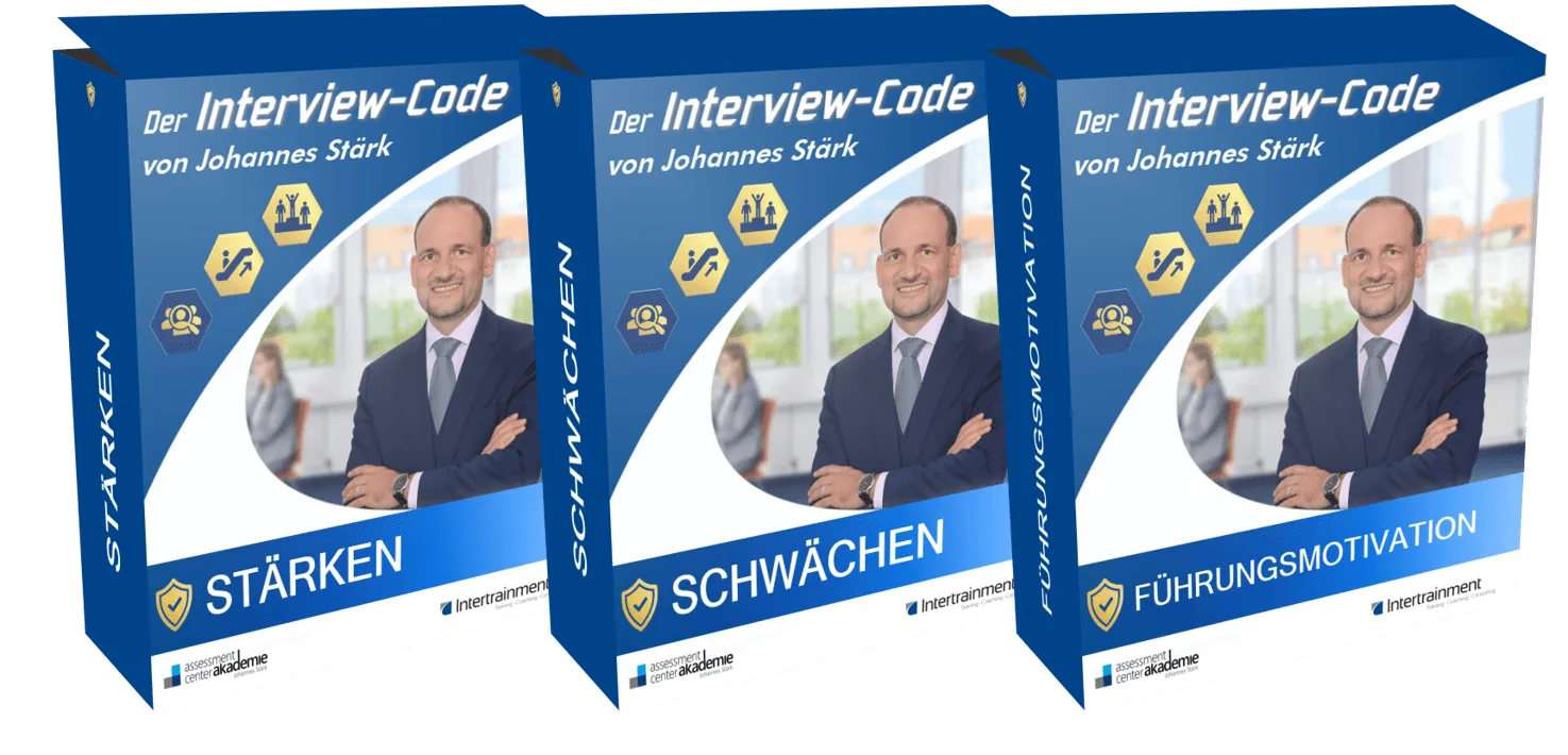 Drei Produktboxen Der Interview-Code nebeneinander: Stärken, Schwächen, Führungsmotivation