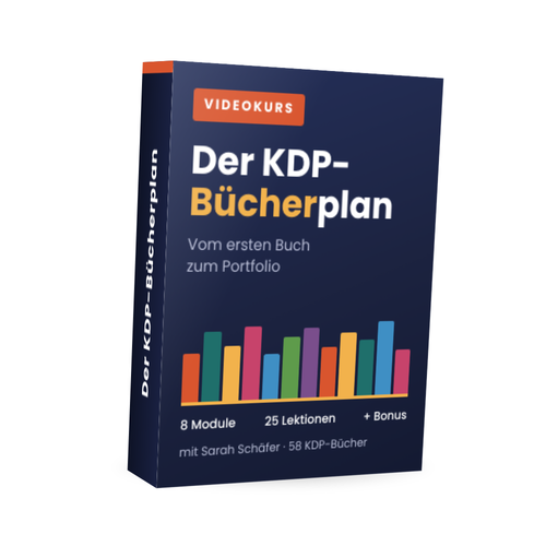 Produktbox Der KDP-Bücherplan Videokurs von Sarah Schäfer mit bunten Buchcover-Illustrationen
