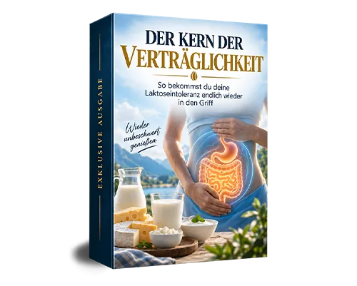 Produktbox Der Kern der Verträglichkeit - Laktose Edition mit Milchglas, Käse und Darmbild