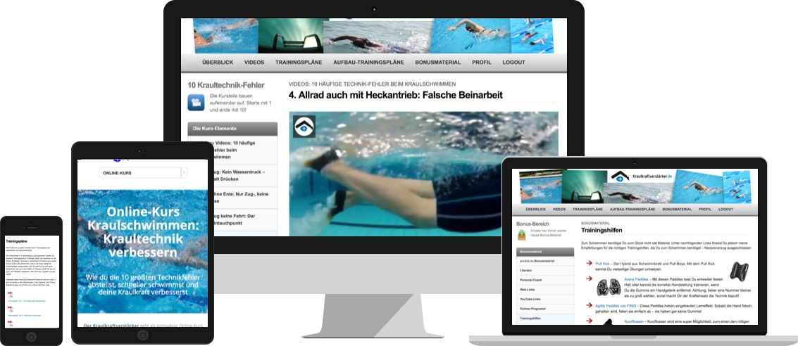 Online-Kurs Kraulschlwimmen: Kraultechnik verbessern mit responsive Mockup auf verschiedenen Geräten