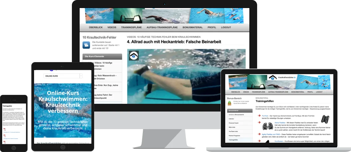 Online-Kurs Kraulschlwimmen: Kraultechnik verbessern mit responsive Mockup auf verschiedenen Geräten