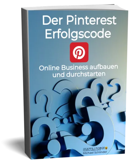 Der Lead-Magnet Architekt – Kurs zur KI-Produkterstellung 10 E-Book-Cover "Der Pinterest Erfolgscode" mit Fragezeichen auf blauem Hintergrund