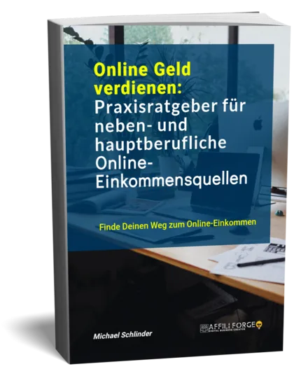 Der Lead-Magnet Architekt – Kurs zur KI-Produkterstellung 11 E-Book-Cover "Online Geld verdienen: Praxisratgeber" mit Schreibtisch auf blauem Hintergrund