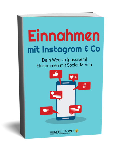 Der Lead-Magnet Architekt – Kurs zur KI-Produkterstellung 8 E-Book-Cover "Einnahmen mit Instagram & Co" mit Smartphone und Social-Icons auf türkisem Hintergrund