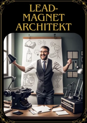Cover Der Lead-Magnet Architekt mit Mann am Schreibtisch umgeben von Sketches und Business-Elementen