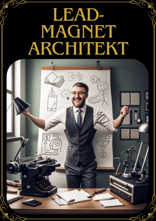 Der Lead-Magnet Architekt – Kurs zur KI-Produkterstellung 1 Cover Der Lead-Magnet Architekt mit Mann am Schreibtisch umgeben von Sketches und Business-Elementen