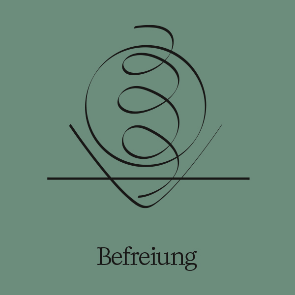 Abstrakte Grafik Kreis mit Spirale in Rahmen auf grauem Hintergrund mit Text Befreiung