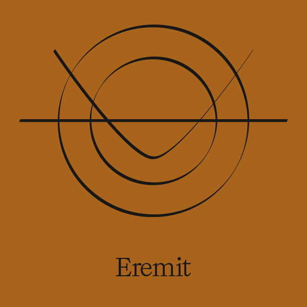 Abstrakte Grafik konzentrische Kreise mit Welle auf braunem Hintergrund mit Text Eremit
