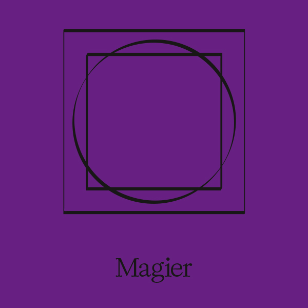 Tarot-Karte Magier mit verschachtelten Quadraten und Kreis auf violettem Hintergrund