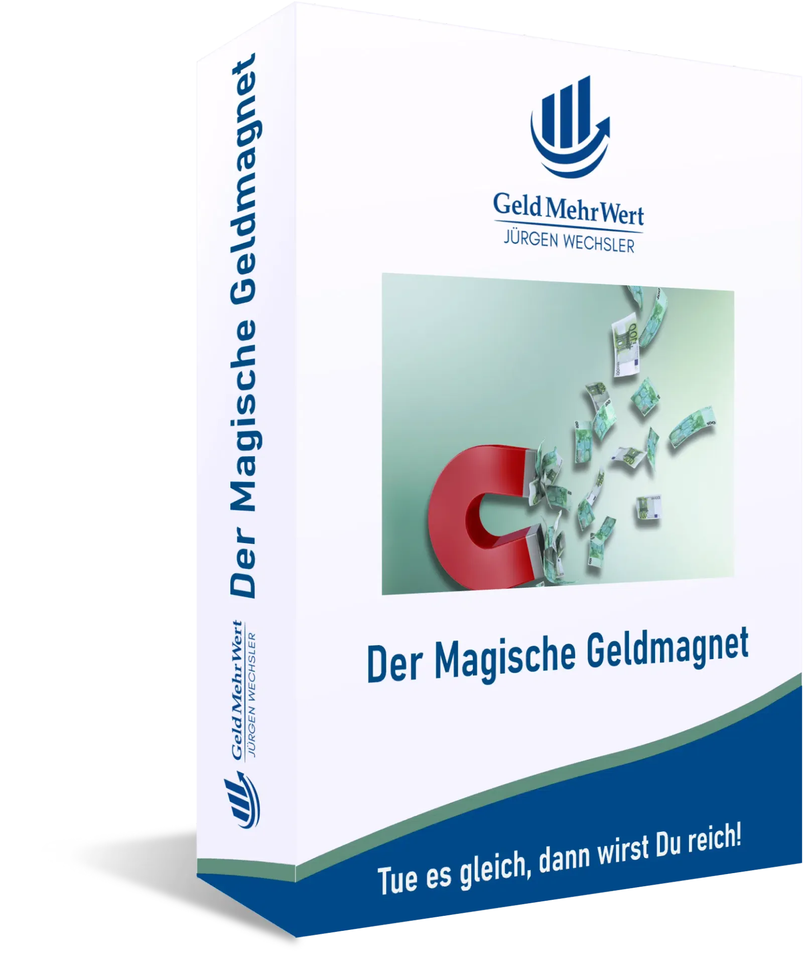 Produktbox-Mockup Der Magische Geldmagnet mit Logo GeldMehrWert und Callout Tue es gleich, dann wirst Du reich