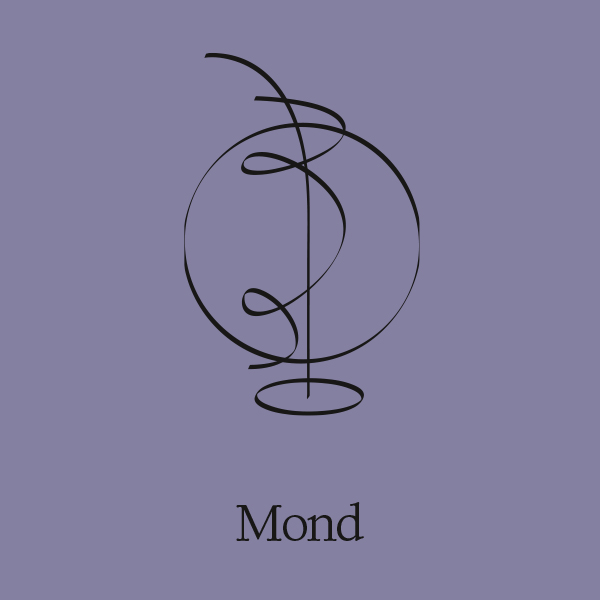 Tarotkarte Mond mit Kreis und verschlungenen Linien auf grauviolettem Hintergrund