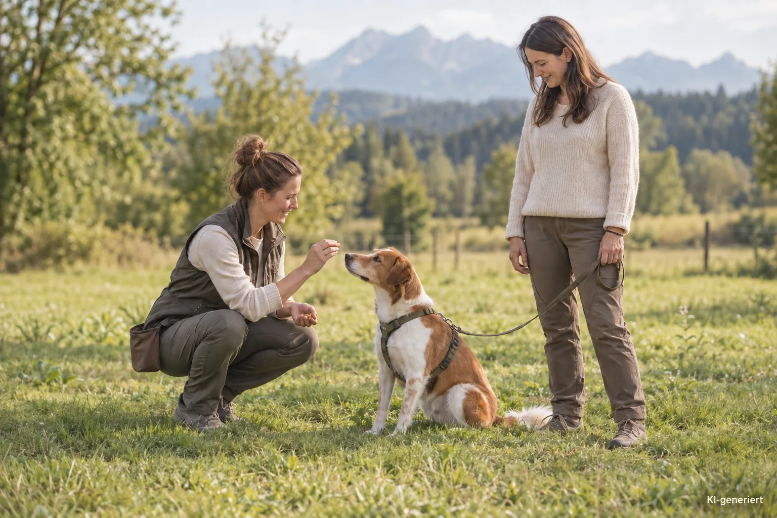 Der perfekte Rückruf – Hundetraining-Workshop von Jennifer Lang 3 Zwei Frauen trainieren mit braunem Hund auf grüner Wiese vor Bergkulisse