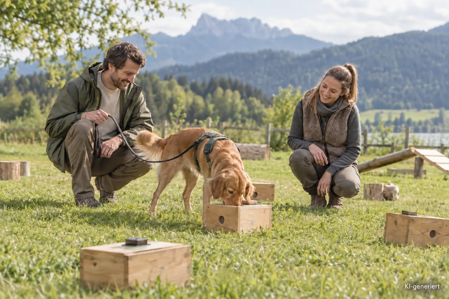 Der perfekte Rückruf – Hundetraining-Workshop von Jennifer Lang 4 Trainerpaar mit braunem Hund bei Nasenfutterübung vor Bergpanorama