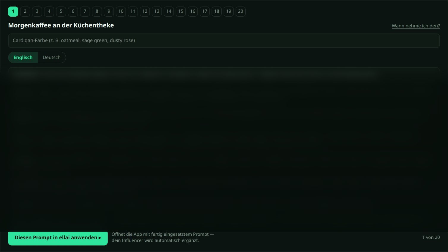 Screenshot Prompt-Editor mit Menütabs und Prompt-Text zu Morgenkaffee-Styling