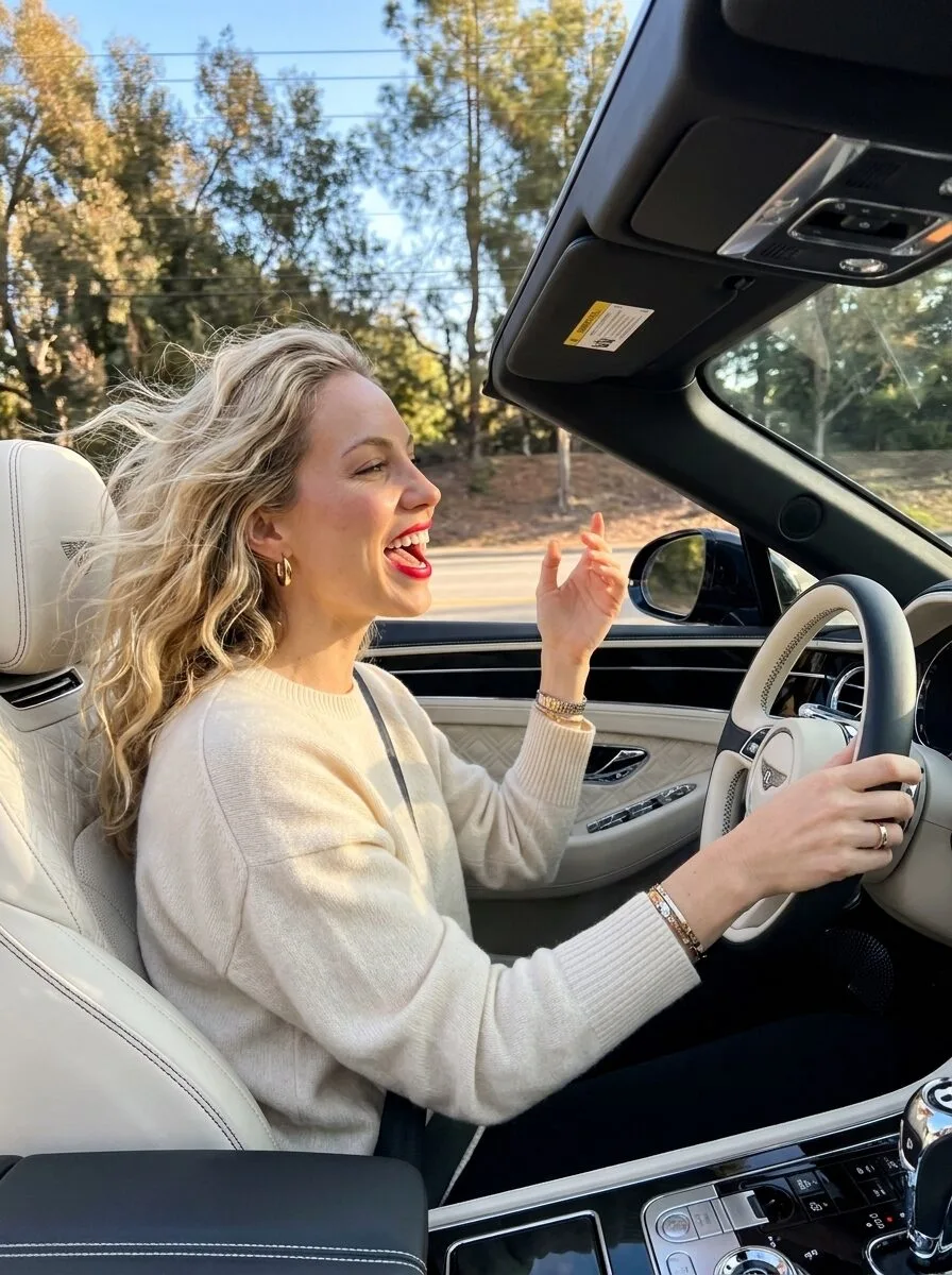 Frau mit lockigem Haar im Cabrio lächelt mit Herbstwald im Hintergrund