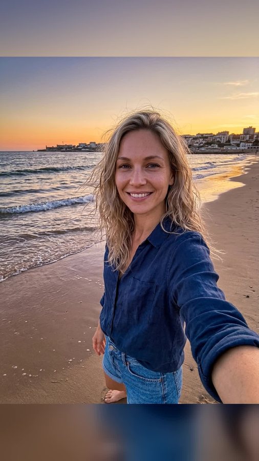 Frau lächelt beim Sonnenuntergang am Strand mit Wellen im Hintergrund