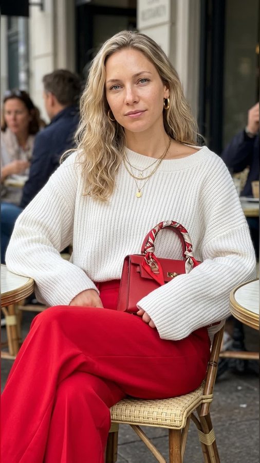 Frau in cremefarbenem Rippenpullover und roter Hose mit roter Handtasche sitzt auf Bistrostuhl