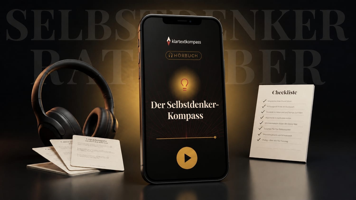 Hörbuch-Mockup zum Selbstdenker-Kompass mit Smartphone, Kopfhörer, Notizbuch und Checkliste