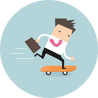 Illustration: Mann auf Skateboard fahrend mit Koffer, dynamische Bewegung