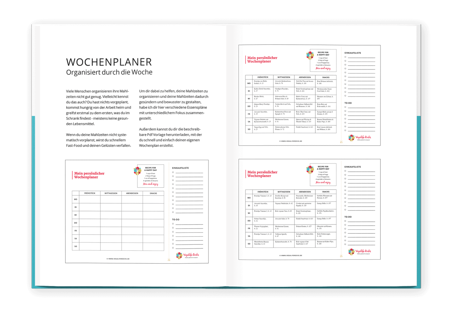 Wochenplaner für vegane Ernährung mit Essensplantabellen und Einkaufslisten