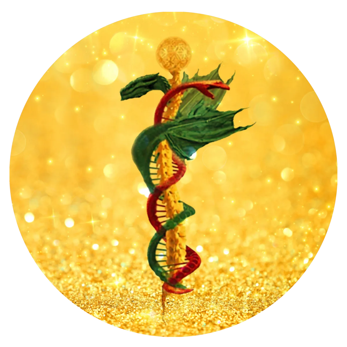 Der Weg des Adepten mit Yogananda – Lichtkörper-Videokurs 4 Kundalini-DNA-Symbol mit roten, grünen und gelben Elementen, goldener Kugel, glitzernder gelber Hintergrund, kreisformat