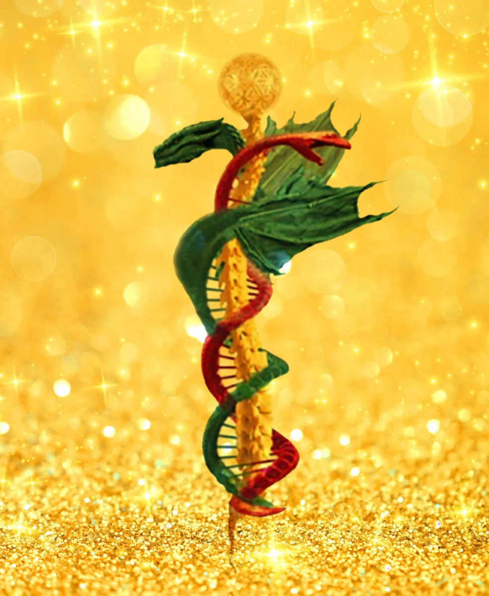 Der Weg des Adepten mit Yogananda – Lichtkörper-Videokurs 1 Kundalini-Energie-Symbol mit verschlungener DNA-Doppelhelix, roten und grünen Blättern, goldener Kugel oben, glitzernder gelb