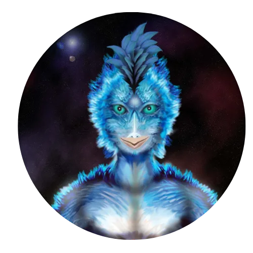 Der Weg mit Ethan – Videokurs zur Chakra-Arbeit 4 Mystisches blaues Engelwesen mit strahlenden Augen vor dunklem Hintergrund