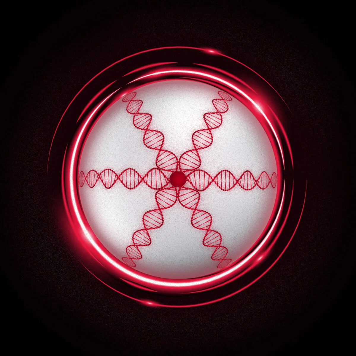 Dein Weg mit Kryon – Channeling-Videokurs von Mysterienschule Irantia 9 Neon-rotes DNA-Doppelhelix-Symbol in leuchtender Kugelform mit schwarzem Hintergrund