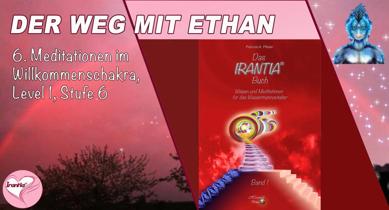 Banner mit Buch-Cover des Irantia Buchs und blauem Vogel-Symbol