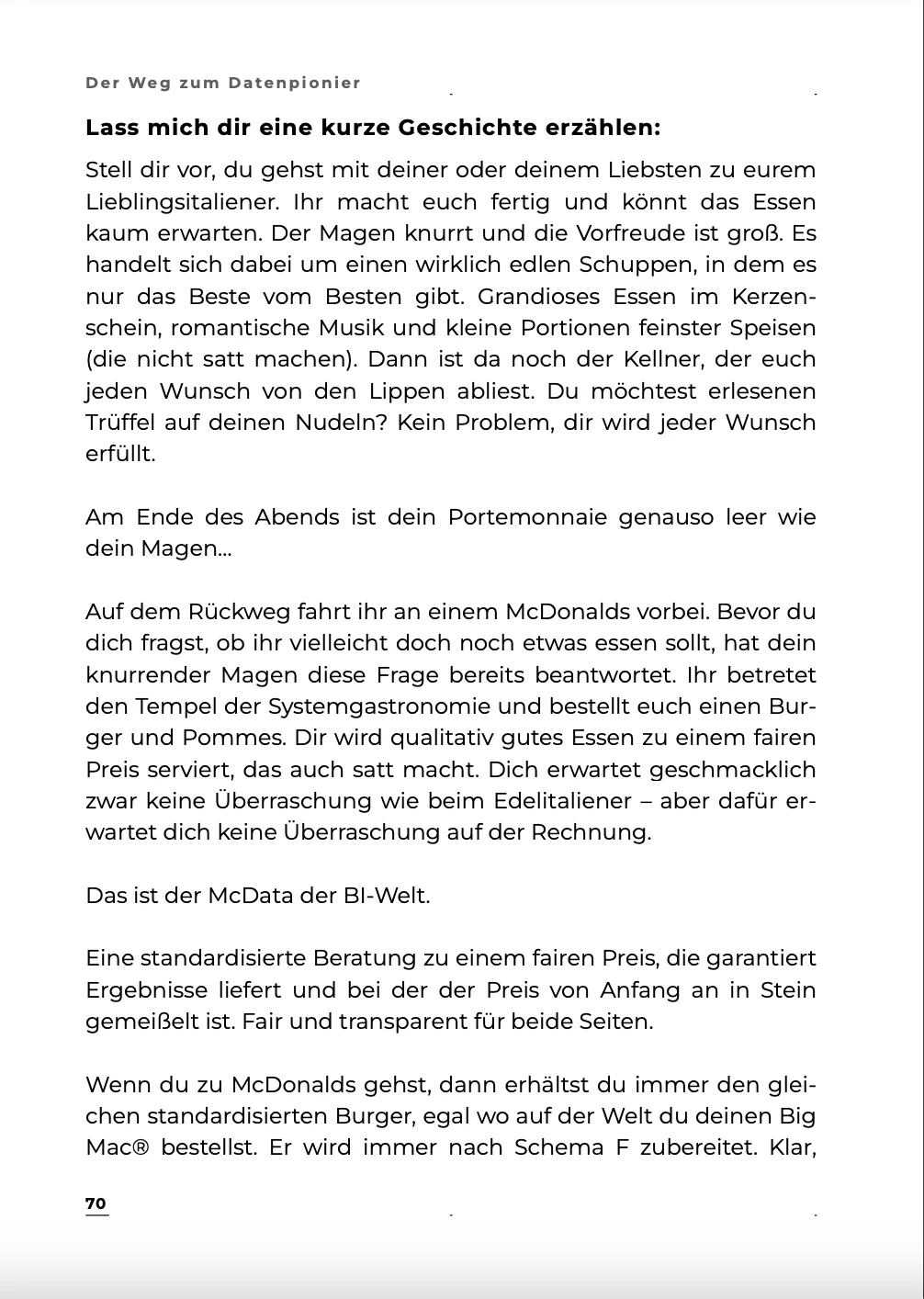 Buchseite mit Überschrift und Text über McDonald's Analoge zum Datenpionier-Konzept