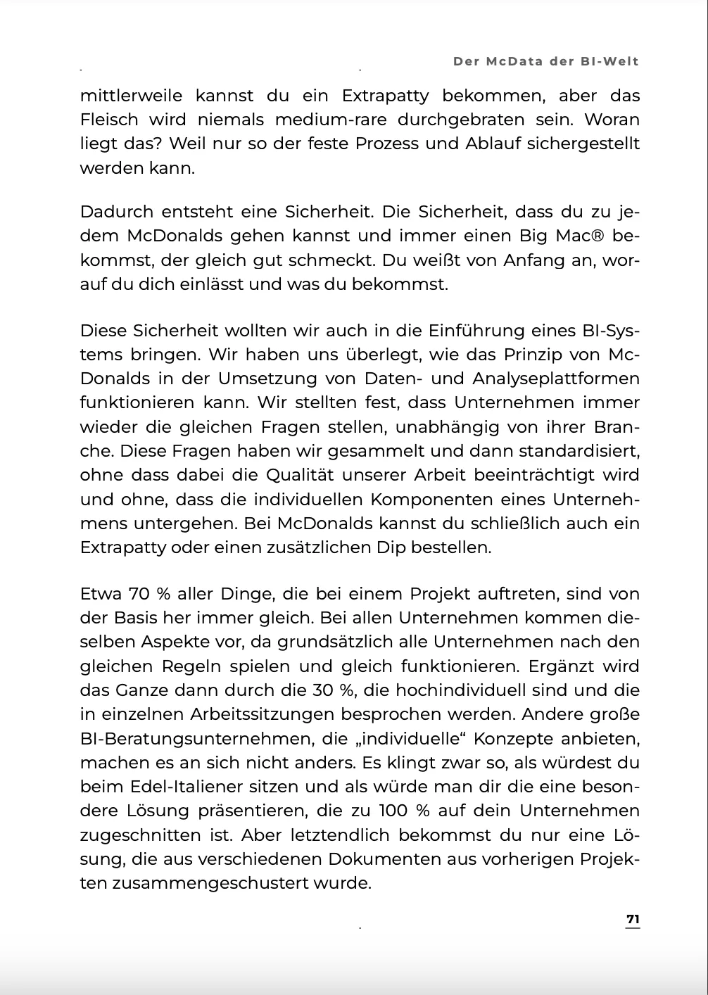 Buchseite mit fortlaufendem Text über McDonald's Prinzipien und BI-Systeme