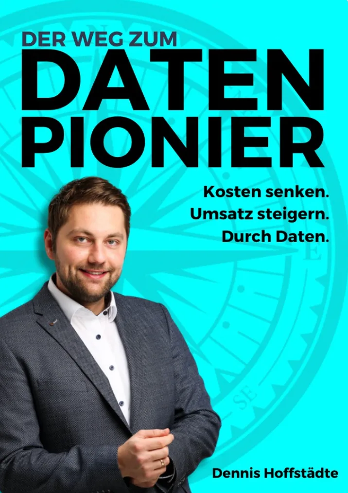 Buchcover mit türkisem Hintergrund, Mann in grauem Blazer, Buchtitel und Autorname
