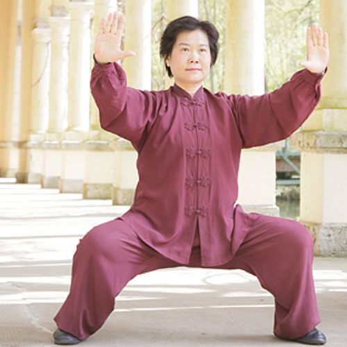 Asiatische Frau in weinrototem Qigong-Anzug in Tai-Chi-Position zwischen Säulen