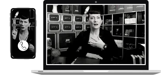 Schwarz-Weiß-Mockup von Live-Session auf Smartphone und Laptop mit Profiler Suzanne