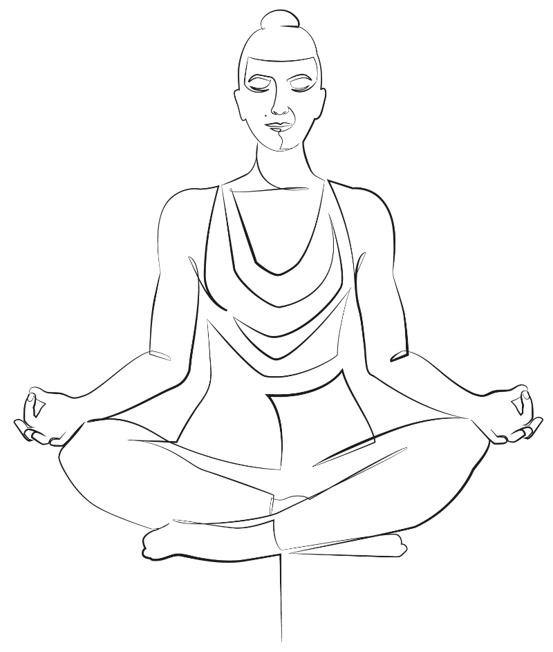Strichzeichnung einer meditierenden Frau in Lotus-Position mit geschlossenen Augen