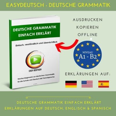 PDF-Produktabbildung Deutsche Grammatik Einfach Erklärt mit grünem Cover und Level A1-B2 Siegel