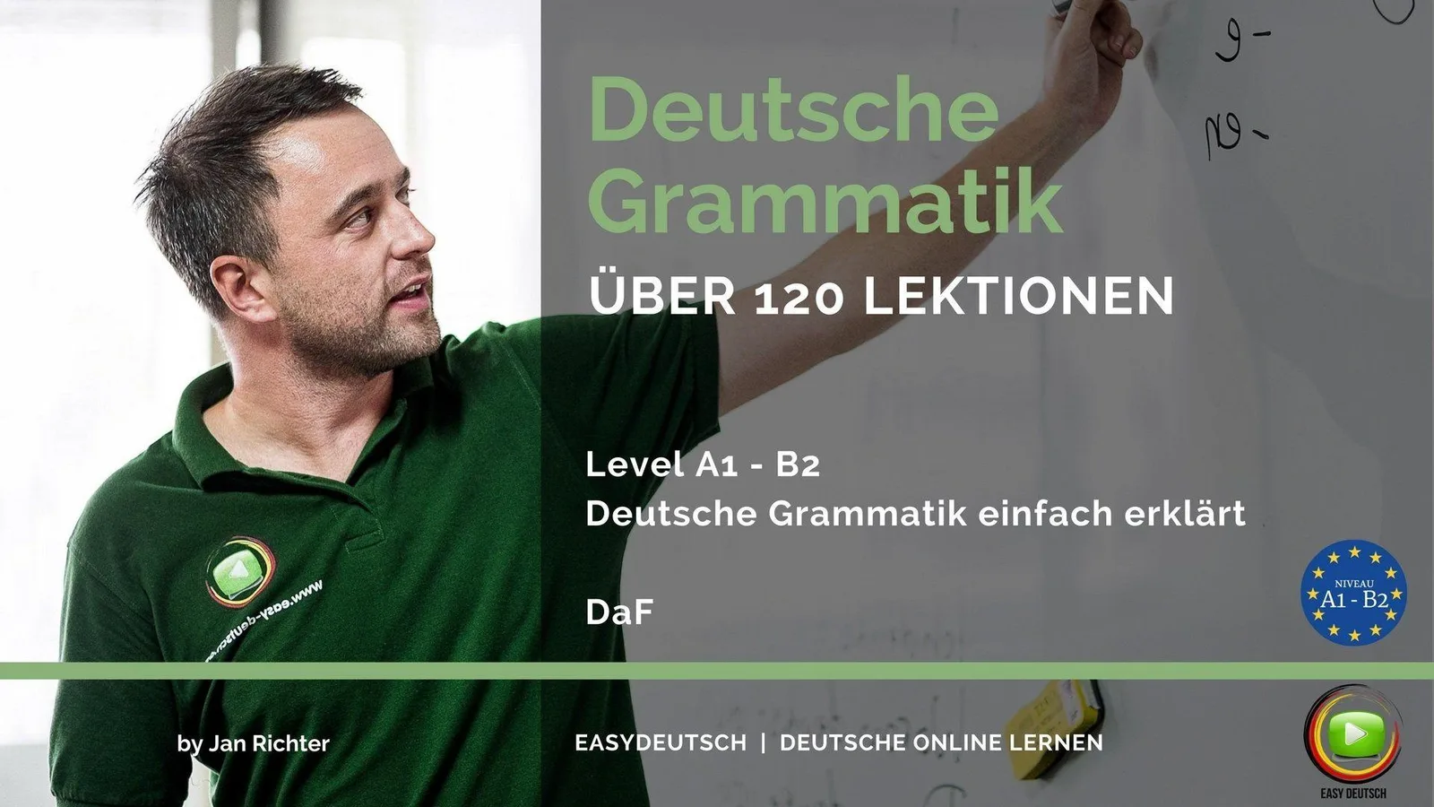 Titelbild Deutsche Grammatik mit Instructor Jan Richter an der Tafel, 120+ Lektionen A1-B2 Level