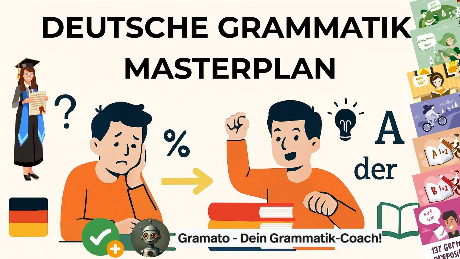 Masterplan-Cover mit Schülerin und Schüler, Flaggen, Grammatic-Logo und Lernmaterialien