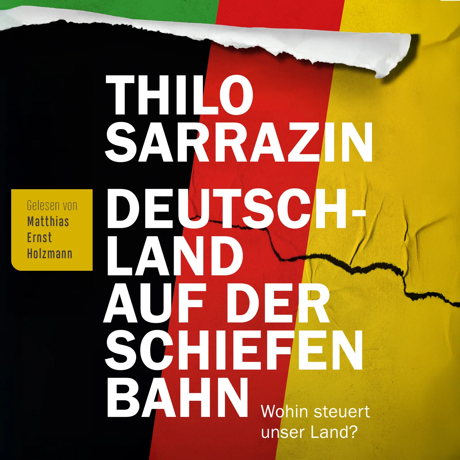 Hörbuch-Cover Deutschland auf der Schiefen Bahn mit Farbblöcken in Grün, Rot und Gelb
